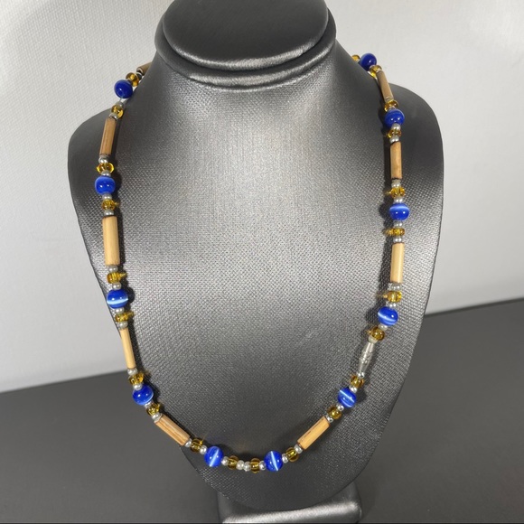 Blue Cat Eye Men’s Tribal Bead Wooden Necklace - Picture 5 of 5